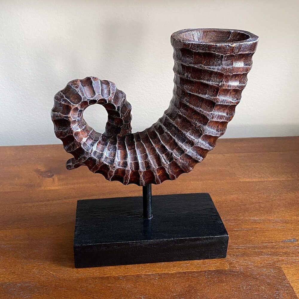 Handmade Viking Spiral Horn Candle Holder - Wooden Ram Horn Decor Rustic Fantasy